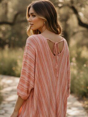 Loft M Women's Orange Spacedye Knit Top Blouse Tie Back Boho Casual Beach